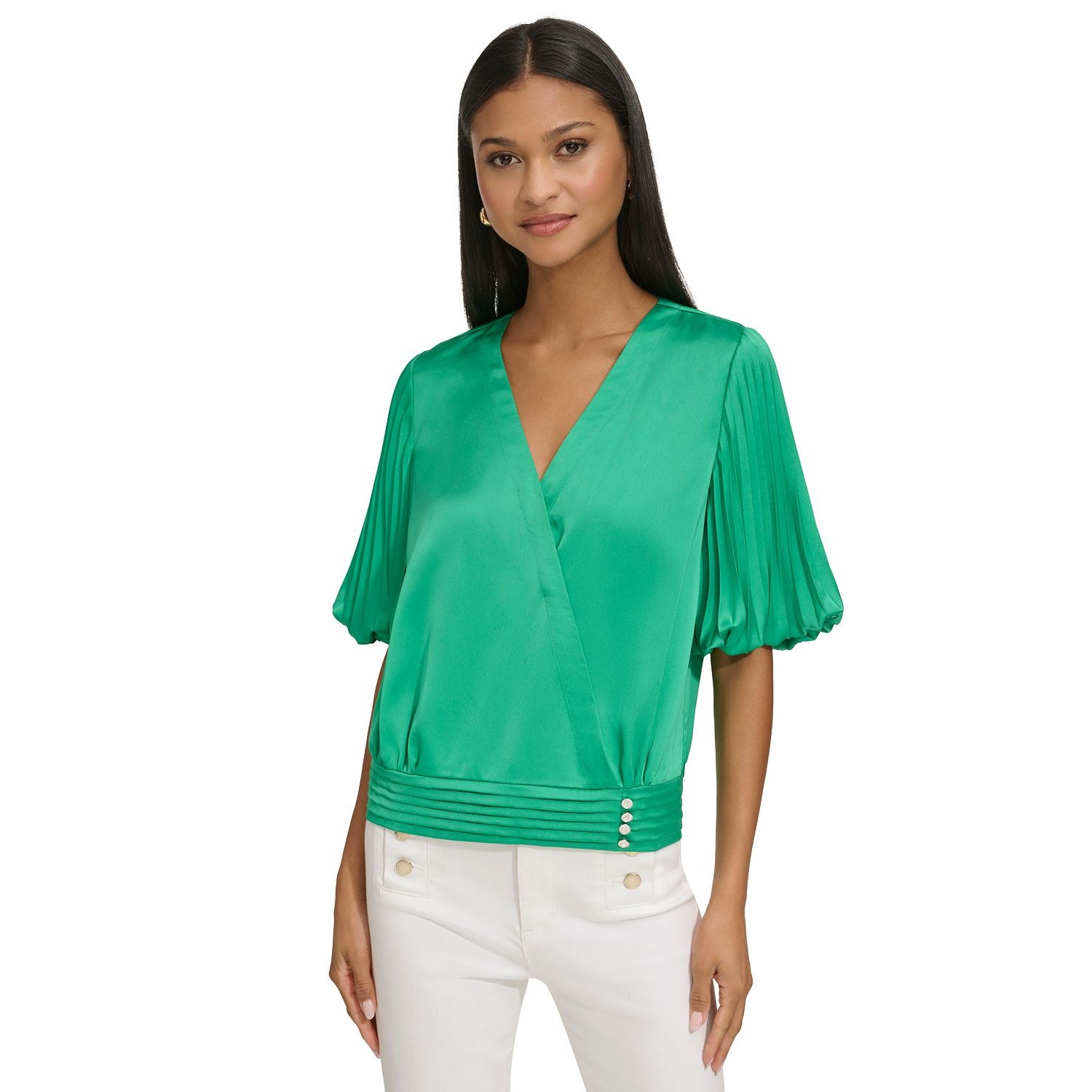 Karl Lagerfeld Paris Surplice Pleated-Sleeve Top Kelly Green Nwt Size Xs